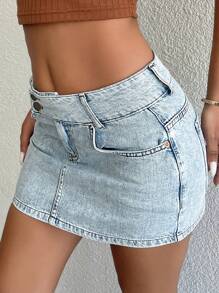 EURMUSE Button-Front Shift Denim Mini Skirt - Light Wash - View 3