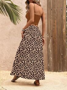 Breezaya Bộ đồ hai mảnh nữ phong cách đi nghỉ thanh lịch với váy dài da báo xẻ cao - Màu Khaki - Xem 2