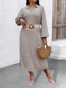 SHEIN Clasi Plus Size Women's Geometric Print Lantern Sleeve Dress