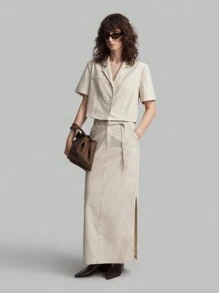 Ontre Women Solid Color Side Slit Faux Pocket Minimalist A-Line Skirt, Casual Linen - Apricot - View 4