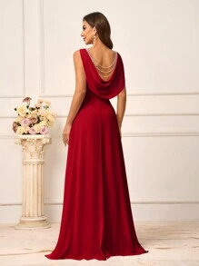 SHEIN Belle Women's Romantic Pink Chiffon Fabric Round Neck Vest With Pocket, Pearl Woven Decorative Belt, Backless Design With Pearl Chain Combination Decoration, A-Line, Suitable For Wedding Season, Mother's Day, Formal Dress Code, Bridesmaid Dress - Red - View 5