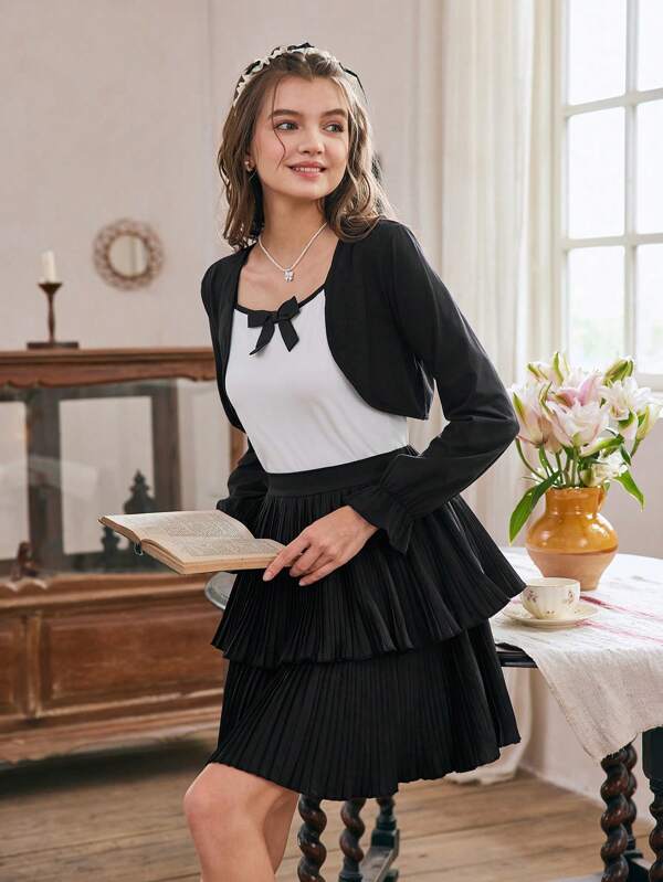 Summer Teen Girls' Sweet And Casual Design Short Jacket With Bowknot Strap Vest And Fluffy Pleated Skirt 3pcs Set Ideal For Daily Outings, Commuting, Leisure And Street Photography