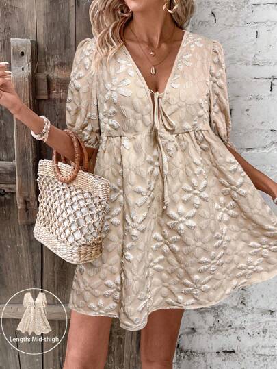 EMERY ROSE 女性夏季花朵提花胸部綁帶短泡泡袖嬰兒裝短裙