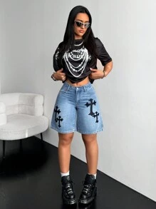 SHEIN ICON Women's Cross Printed Pocket Wide-Leg Loose Casual Denim Shorts - Blue - View 5