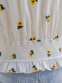 Soleia Vacation White Embroidered V-Neck Blouse With Ruffle Trim And Comfortable Plus Size - Multicolor - View 7