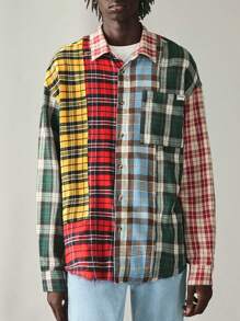 Manfinity BRENVOR Áo sơ mi nam tay dài dệt kim kẻ caro thời trang, đơn giản, rộng rãi, cài nút, mặc hàng ngày, mùa thu - Nhiều màu - Xem 4