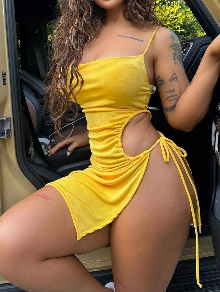 INAWLY Women's Solid Color Simple Daily Spaghetti Strap Short Dress - Mustard Yellow - View 1