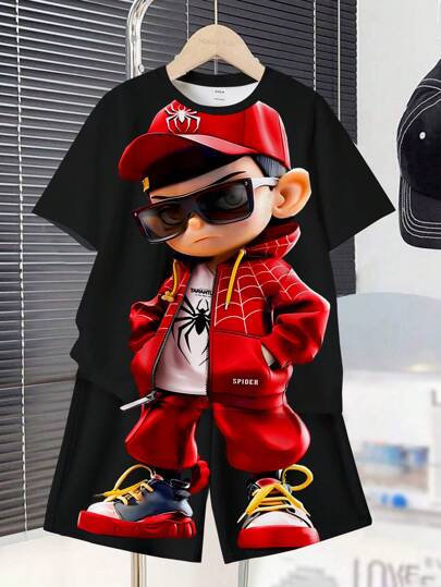 SHEIN 青少年男孩休闲简约卡通印花短袖 T 恤和短裤套装，夏季