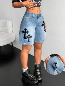 SHEIN ICON Women's Cross Printed Pocket Wide-Leg Loose Casual Denim Shorts - Blue - View 1