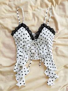 Soleia 女式蝴蝶结前开式不对称荷叶边蕾丝拼布白色背景黑色波尔卡圆点波西米亚风夏季海滩音乐节吊带背心 - 黑與白 - 查看 5