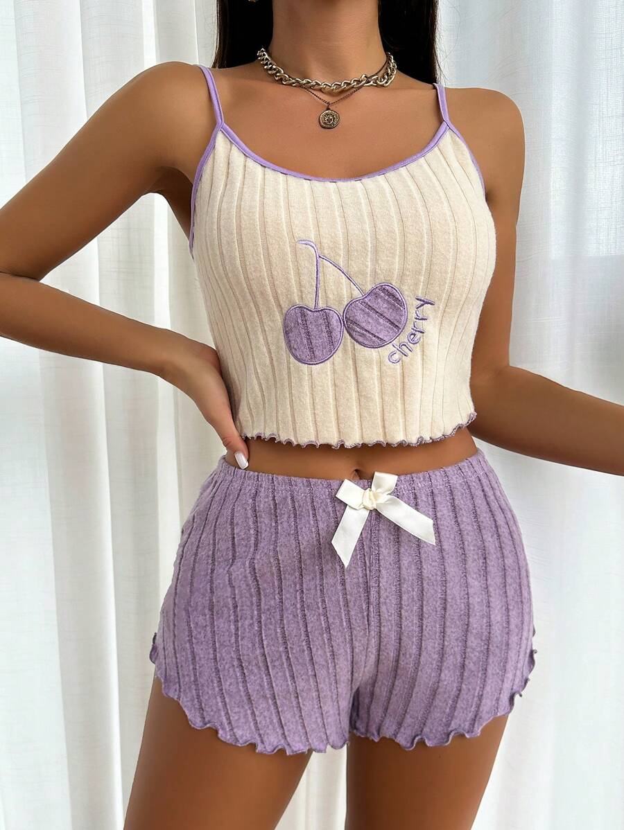 Cherry Embroidered Cami & Shorts Pajama Set With Bow Decor - Purple - View 1