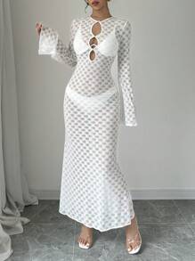 Selianne Spring Summer Sexy Solid Color Hollow-Out Knit Trumpet Sleeve Mermaid Style See-Through Long Dress Fall Cloth For Women - White - View 4
