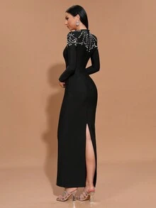 Modphy New Arrival Women's Solid Color Rhinestone Chain Sexy Square Neck Long Sleeve Bodycon Dress, Ladies Formal Evening Party Gown Wedding Guest Dress