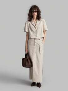 Ontre Women Solid Color Side Slit Faux Pocket Minimalist A-Line Skirt, Casual Linen - Apricot - View 3
