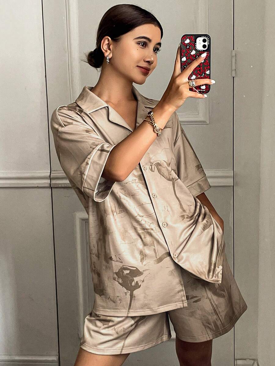 DAZY Chinese Ink Print Pajama Set - Brown - View 1