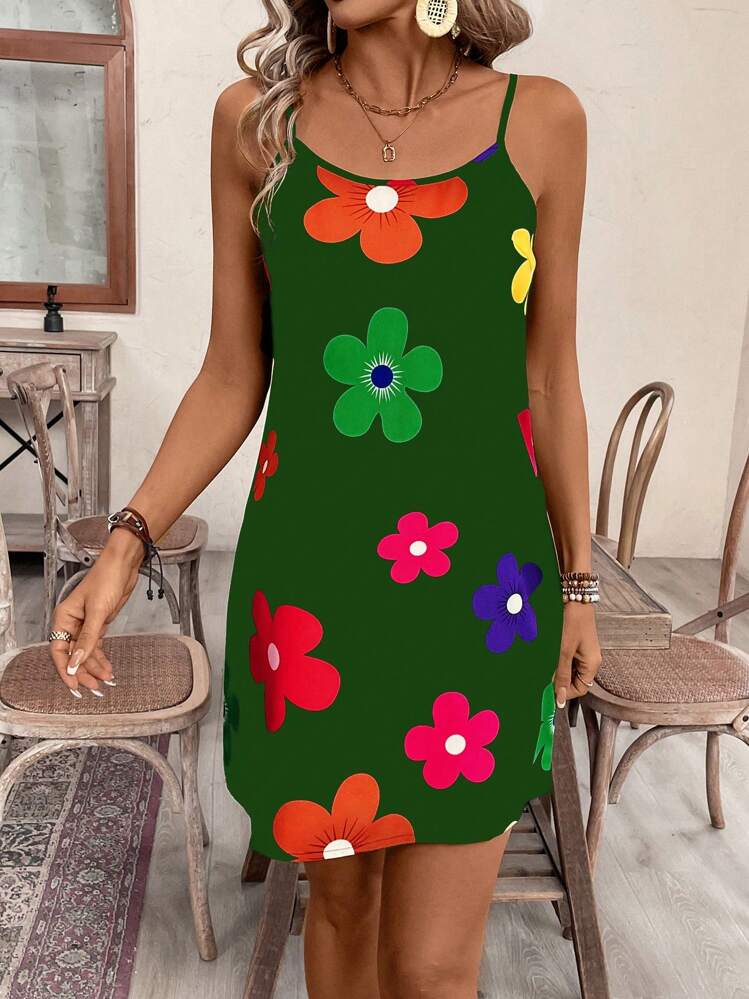 Breezaya 女式彩色花朵印花基本款日常细肩带连衣裙 - 綠色 - 查看 5