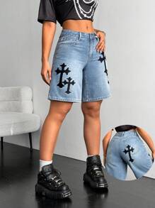 SHEIN ICON Women's Cross Printed Pocket Wide-Leg Loose Casual Denim Shorts - Blue - View 3
