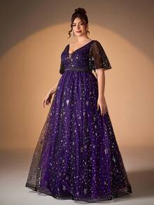 大码女式正式派对礼服，V 领，亮片刺绣，撞色，双层网眼喇叭裙 - 紫色 - 查看 5