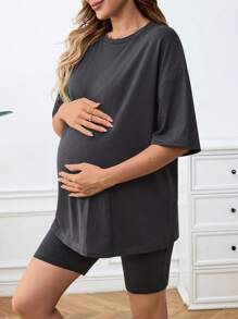 SHEIN Bộ đồ thông thường dành cho bà bầu 2 cái/bộ Áo màu xám & Quần lưng thun có thể điều chỉnh dành cho phụ nữ mang thai - Màu xám đen - Xem 7