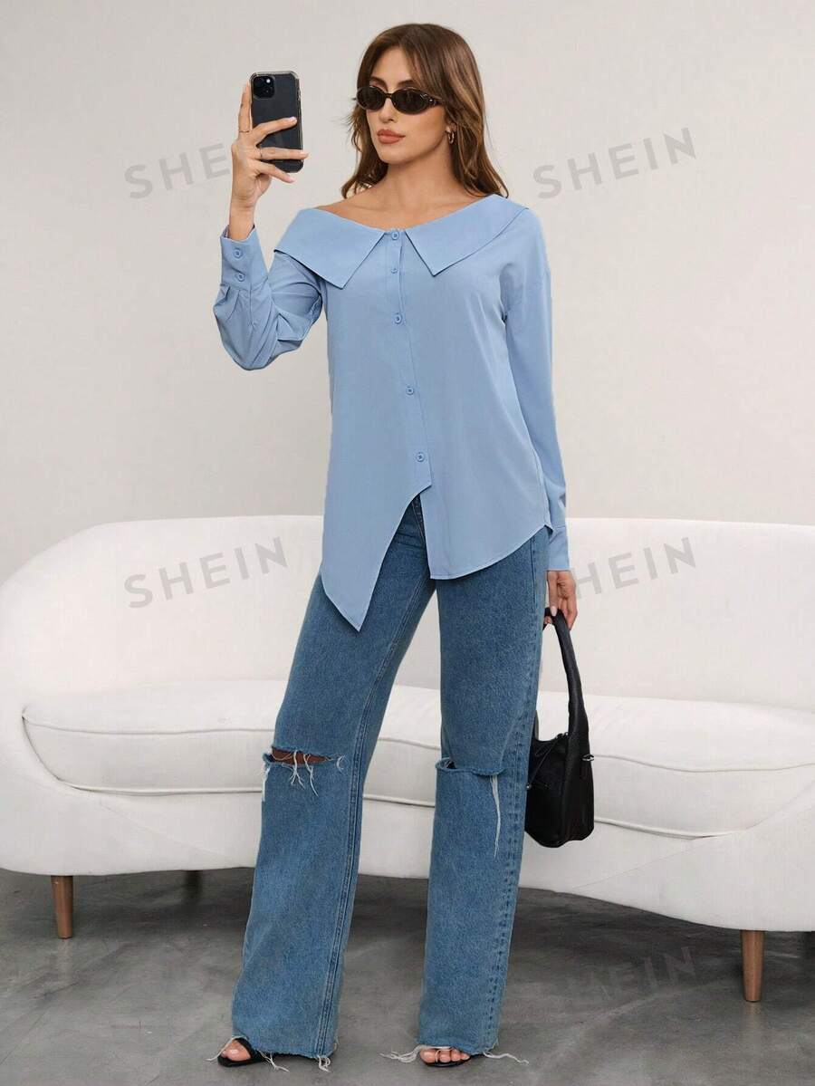 Mulvari Blusa de manga larga, simple y lisa para uso diario para mujer