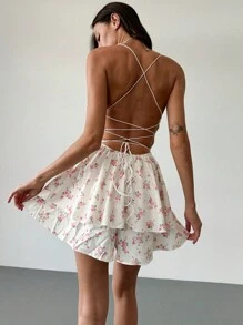 Aloruh Hàng Mới Về Hở Lưng Gợi Cảm Dây Đeo chéo Ditsy Hoa Jumpsuit Ngắn Dành Cho Nữ - Hồng - Xem 3