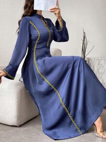 Al Najma 女士优雅拼色长裙，系带设计，喇叭袖，优雅晚会礼服 - 寶藍色 - 查看 8