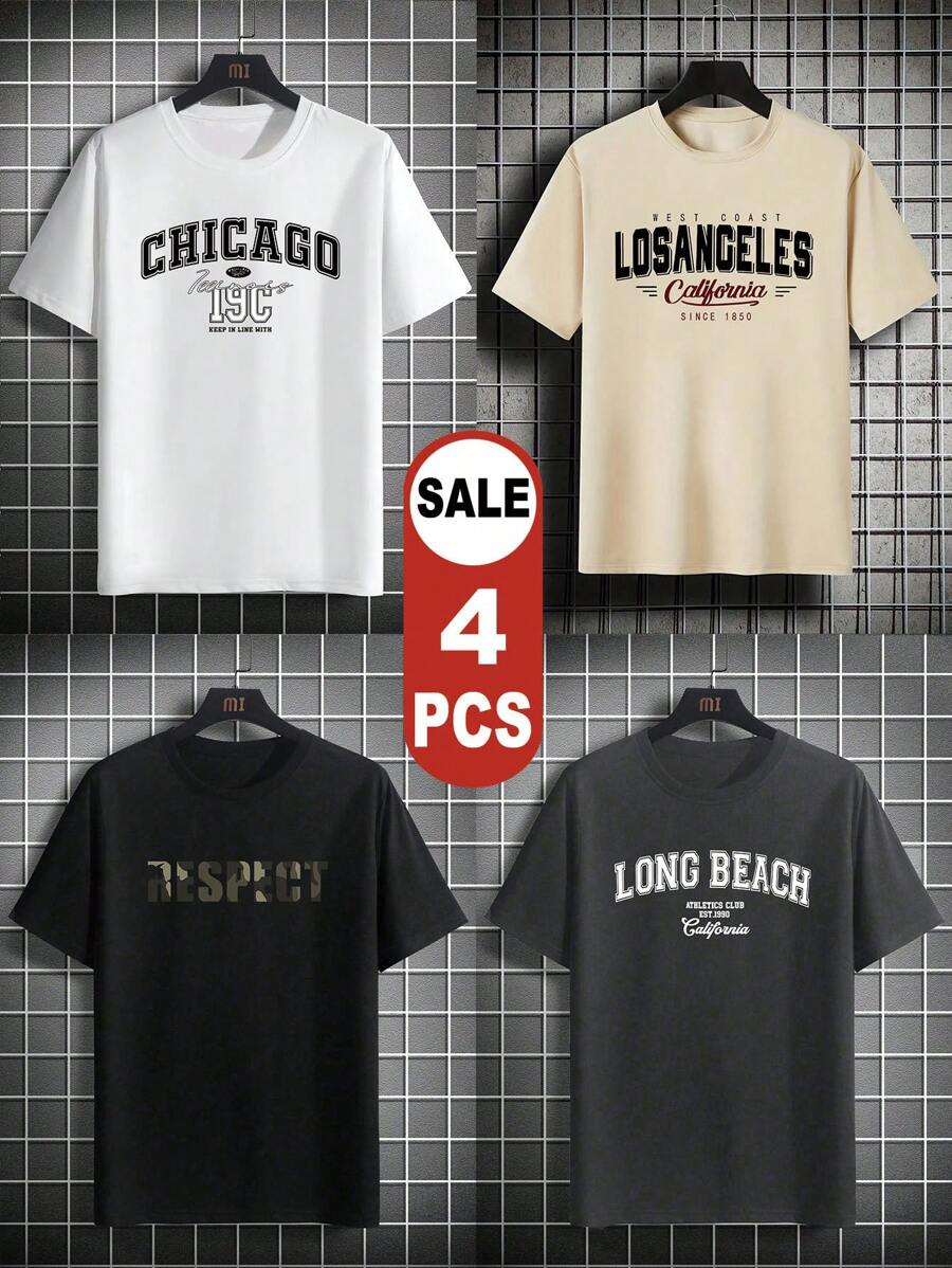 4pcs/Set Men's Summer Short Sleeve T-Shirts, Includes Multiple Colors & Designs, Easy To Match, Ideal Daily Wear - Multicolor - View 1