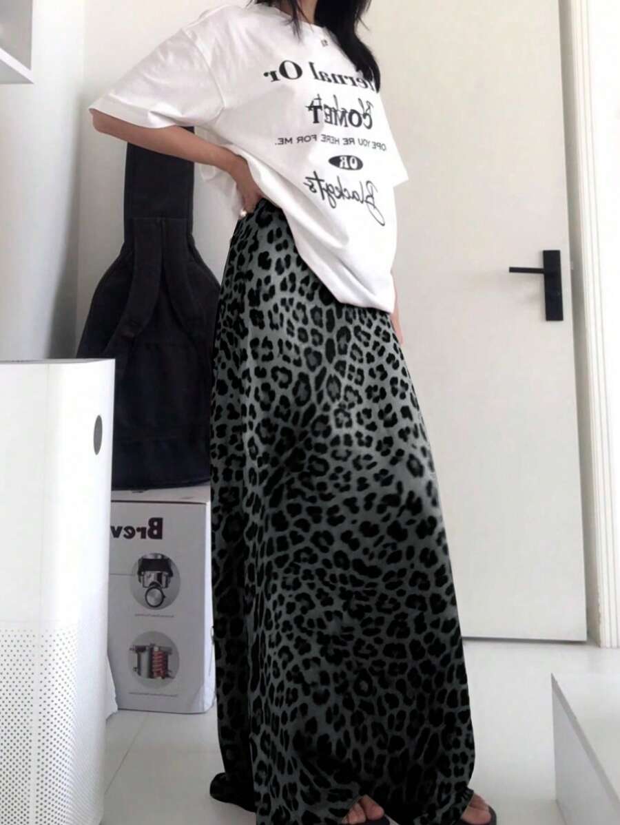 SHEIN LUNE Chân váy maxi họa tiết da báo, kiểu dáng ngẫu nhiên, thích hợp cho mùa xuân/hè/thu. - Màu xám đen - Xem 1