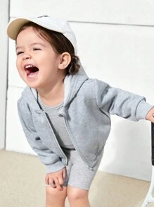 SHEIN 3pcs/Set Baby Girls Casual Simple Fashion Solid Color Sleeveless Top, Shorts And Hooded Jacket, Thick Thermal Lined, Autumn/Winter - Green - View 7