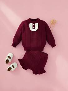 SHEIN Vintaside Kids 寶寶女孩毛衣套裝，圓領長袖酒紅色毛衣搭配白色花邊，秋冬季節保暖舒適。搭配紅/酒紅點綴的針織短褲，時尚優雅，適合日常、戶外、旅行、度假、家居、幼兒園和學校場合。 - 酒紅色 - 查看 3