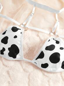 6pcs/Set Plus Size Triangle Cup Bra, T-Shirt, Apron And Armband - Black and White - View 5