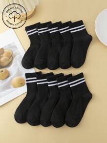 10pairs Kids Black & White Double Stripe Cotton Mesh Breathable Absorbent Sports Socks For School, Football, Basketball - Black - View 1
