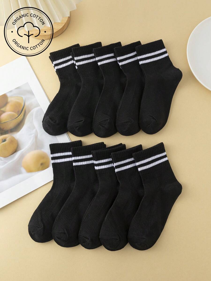 10pairs Kids Black & White Double Stripe Cotton Mesh Breathable Absorbent Sports Socks For School, Football, Basketball - Black - View 1