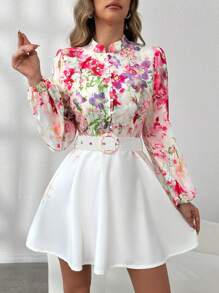 Chiquease Regular Lantern Sleeve Printed Belted Women's Dress - Multicolor - View 4