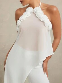 SHEIN Unity Áo 3D Viền Hoa Hem Bất Đối Xứng Dài Cami Top - trắng - Xem 6