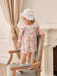 SHEIN Baby Girls' Long Sleeve Floral Print Dress With Elegant Lace Details - Multicolor - View 1