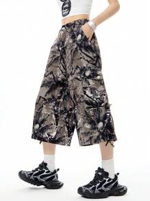 SHEIN EZwear Y2K炫酷街頭風格女款迷彩印花低腰寬鬆長/短褲 - 軍綠色 - 查看 6