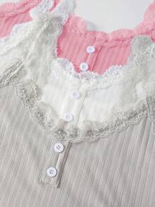 3 Sets Women's Lace Patchwork Front Button Sleeveless Top And Pants Set Lounge Set - Multicolor - View 6