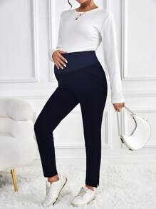 SHEIN Maternity Slimming Buttoned Sports & Outdoor Fashionable Simple Design Long Pants - Navy Blue - View 4