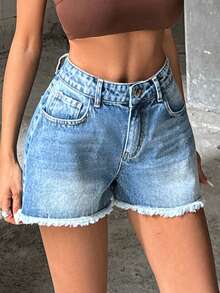 High Waisted Washed Denim Shorts