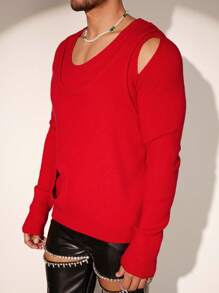 Manfinity AFTRDRK Men's Solid Color Hollow Out Long Sleeve Top And Ripped Tank Sweater Set