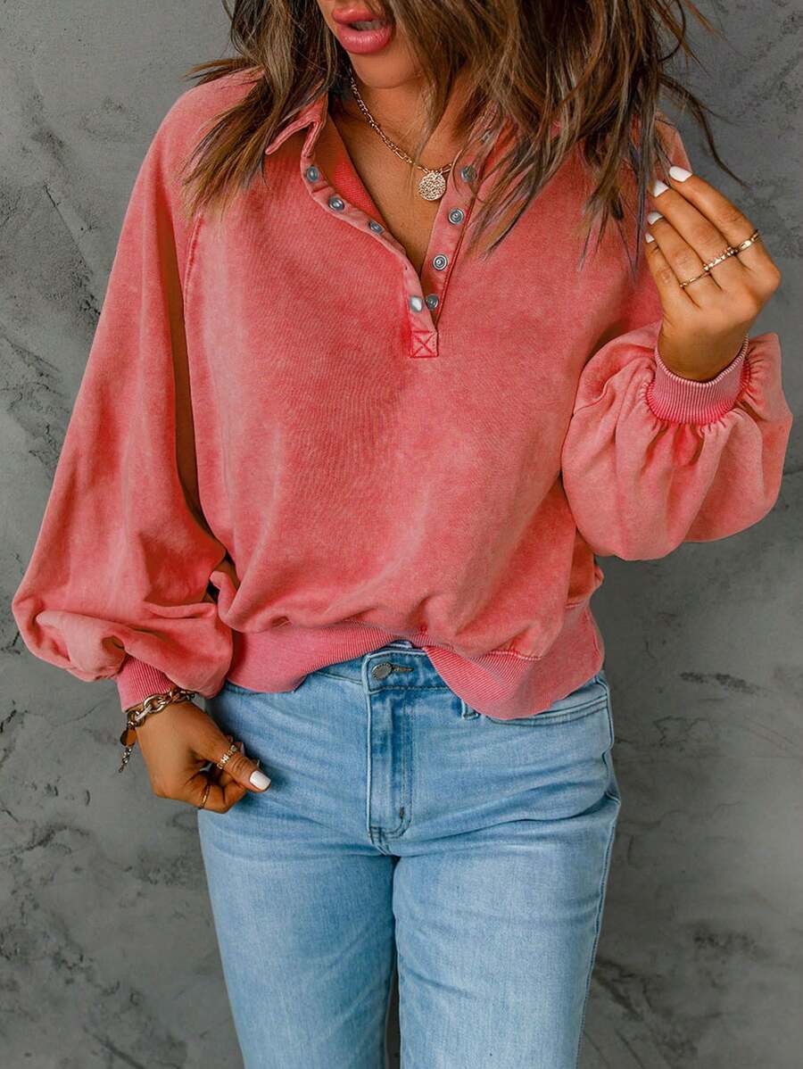 Áo nỉ dài tay hở vai đơn sắc cho nữ, tay dài cài nút nửa vạt, dáng rộng, mùa xuân và mùa thu