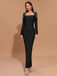 Modphy New Arrival Women's Solid Color Rhinestone Chain Sexy Square Neck Long Sleeve Bodycon Dress, Ladies Formal Evening Party Gown Wedding Guest Dress