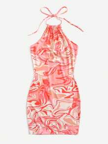 SHEIN ICON 90s Marble Print Ruched Halter Dress - Coral Pink - View 4