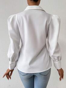 Chiquease Solid Color Front Buttoned Tie Long Sleeve Simple Top, Daily Casual Wear Fall Cloth For Women - White - View 2