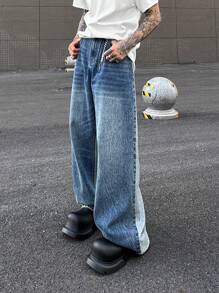 Claim Dot Y2K Retro Street Style Men's Mid-Blue Washed Denim Patchwork Wide Leg Baggy Jeans - Medium Wash - View 6