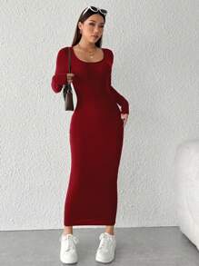 SHEIN PETITE Women's Round Neck Black Dress - Burgundy - View 5