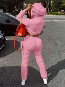 2pcs Women's Casual Solid Color Thermal Lined Hoodie Sweatshirt And Skinny Sports Pants Tracksuit Set, Autumn Winter Pink - Pink - View 3