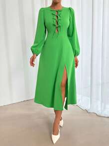 Chiquease Solid Color Chest Knot Long Sleeve Dress With Thigh-High Slit  Green Long Dress Fall Dress - Green - View 5