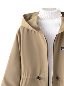 SHEIN Teen Boys' Casual Hooded Windbreaker, Khaki Jacquard Fabric With Elastic Pig Nose Buckle, Mid-Length With Pocket Pouch, Windproof, Suitable For Autumn/Winter Warmth, College/Everyday Wear, Sports, Versatile And Simple